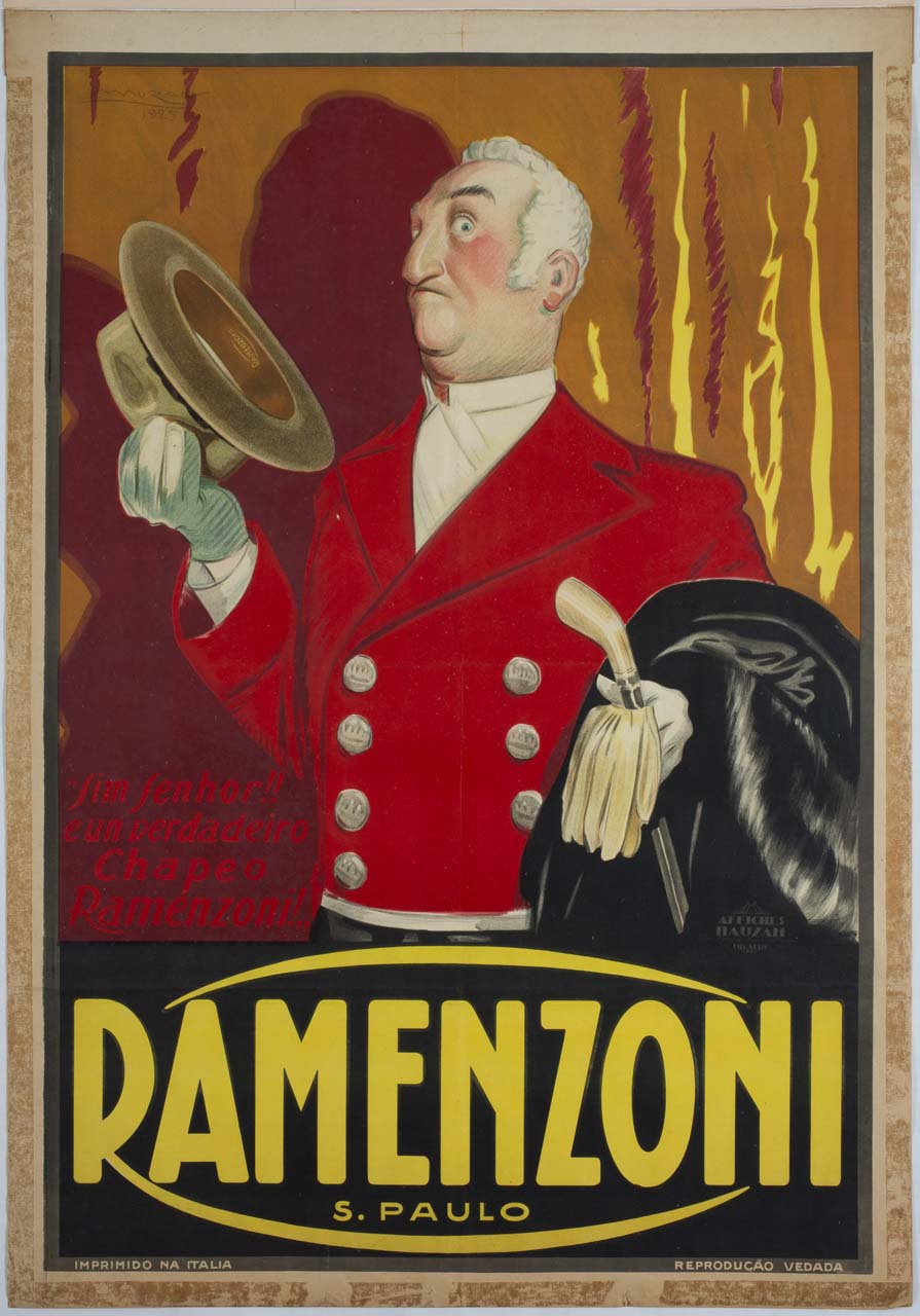 maggiordomo con abiti sul braccio e cappello in mano (manifesto) di Mauzan Achille Luciano (sec. XX)