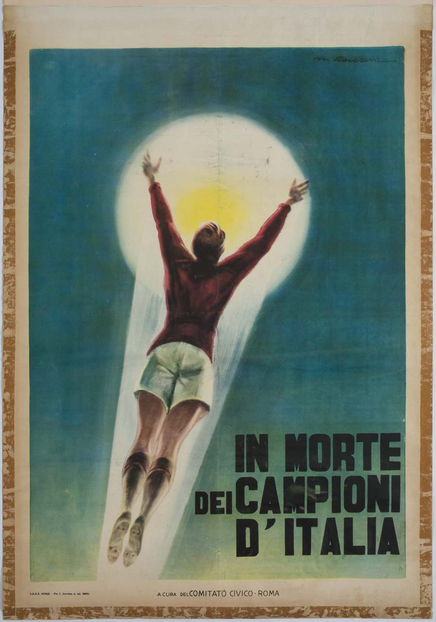 calciatore a braccia tese in un fascio di luce (manifesto) di Roveroni Walter (sec. XX)