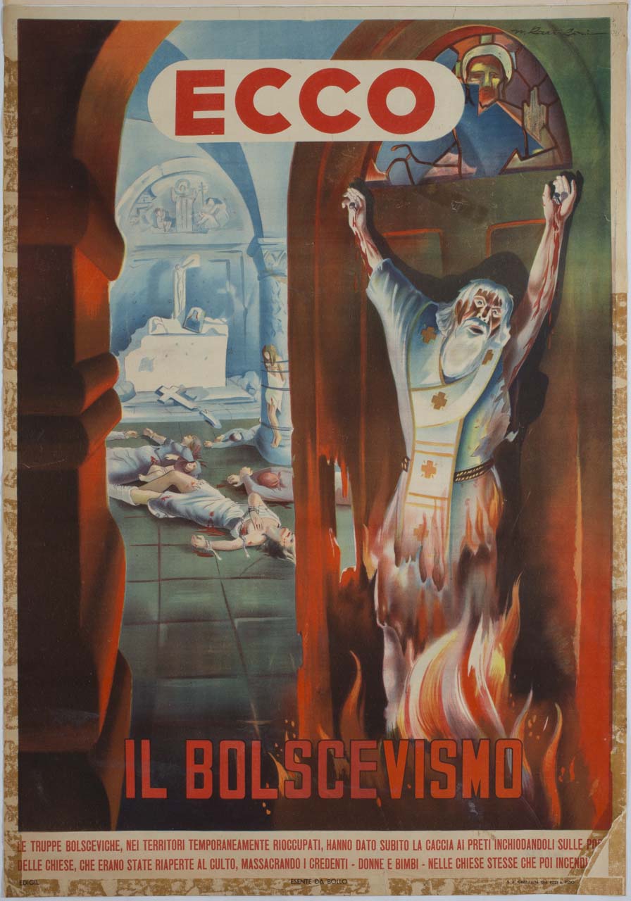 sacerdote inchiodato alla porta di una chiesa e cadaveri (manifesto) di Roveroni Walter (sec. XX)