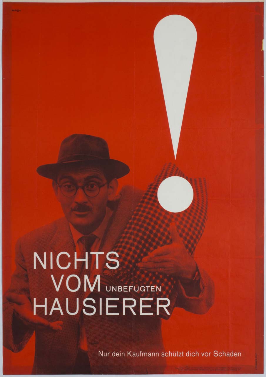 uomo con pezze di stoffa in spalla e punto esclamativo (manifesto) di Buchegger Erich (sec. XX)