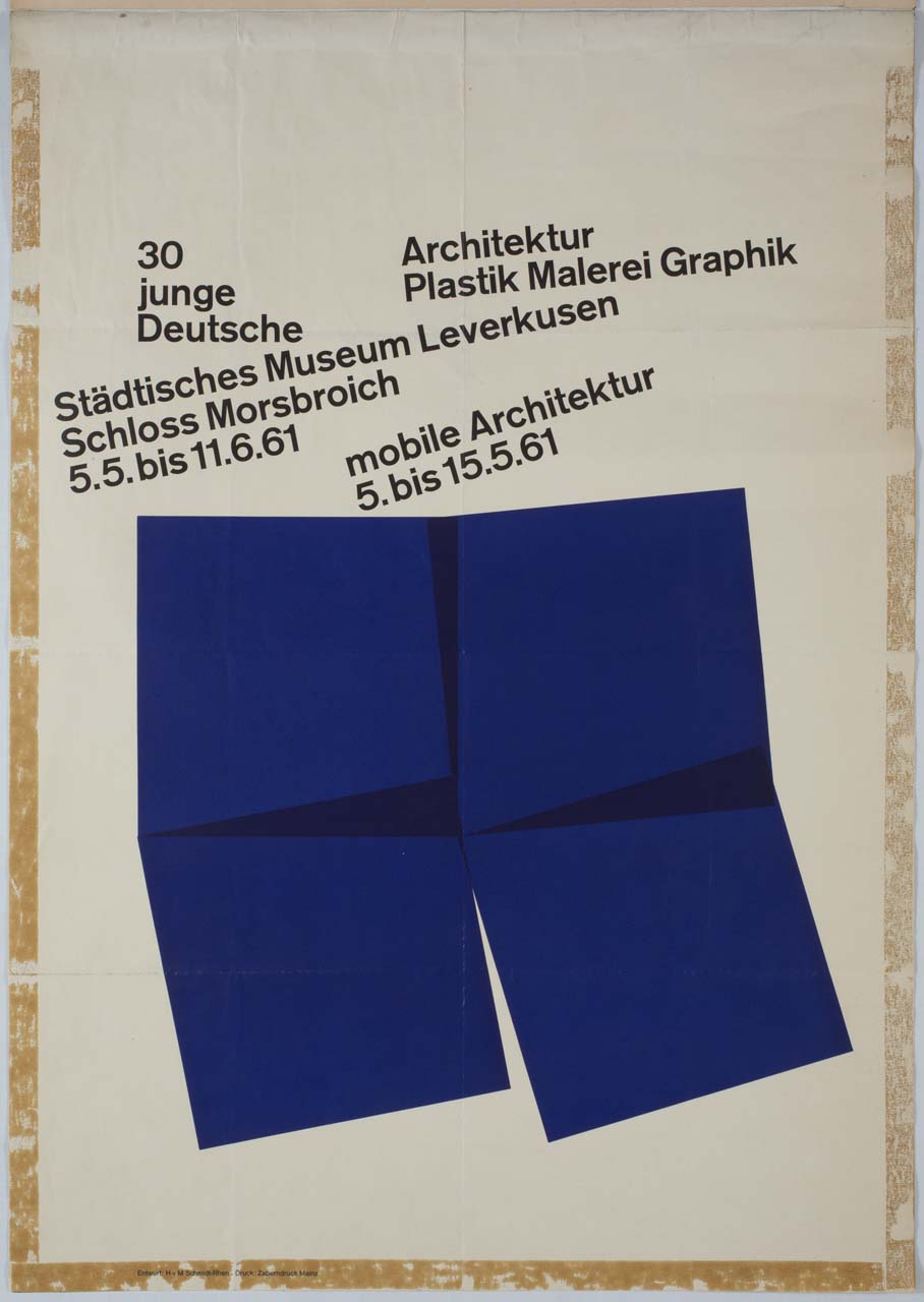 composizione geometrica a cubi azzurri (manifesto) di Schmidt-Rhen H + M - ambito tedesco (sec. XX)