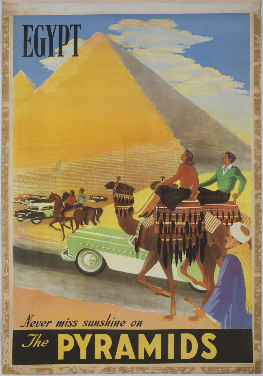 turisti presso le piramidi in Egitto (manifesto) - ambito egizio (sec. XX)