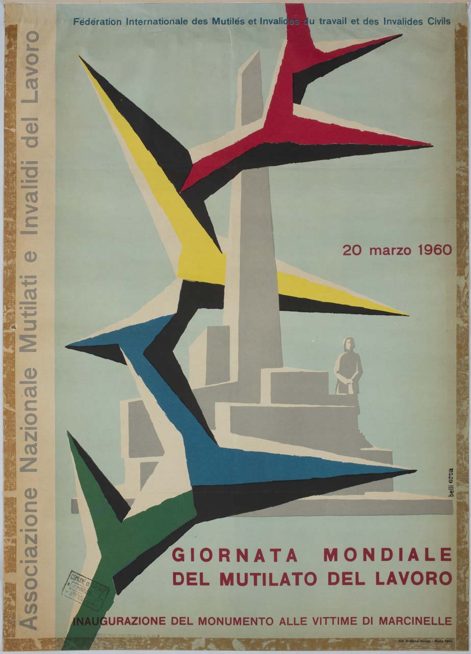 monumento ai mutilati di Marcinelle con ramo di spine (manifesto) di Belli Domenico, Studio Orsa (sec. XX)