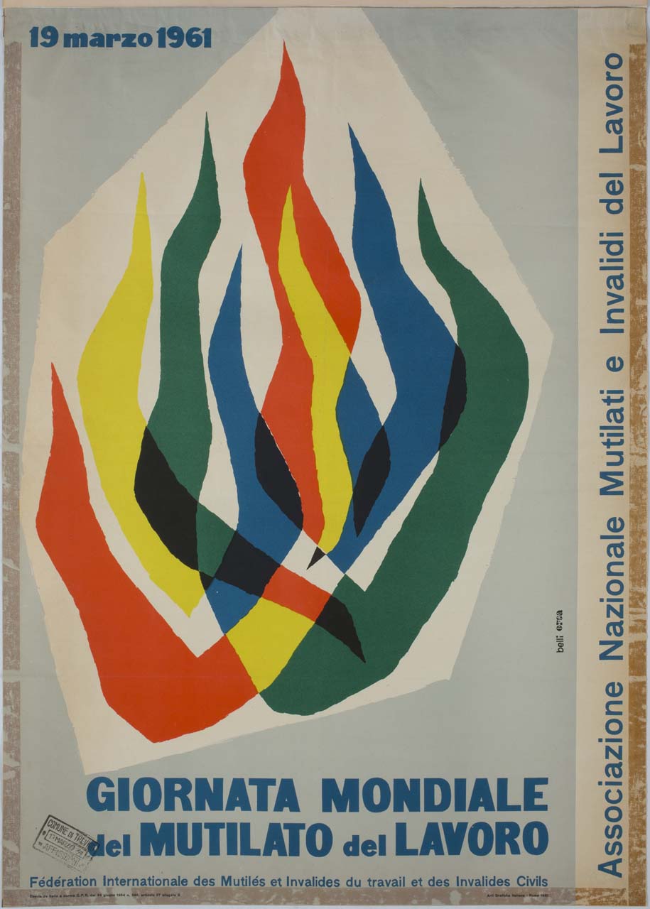 composizione stilizzata con fiamme multicolore (manifesto) di Belli Domenico, Studio Orsa (sec. XX)