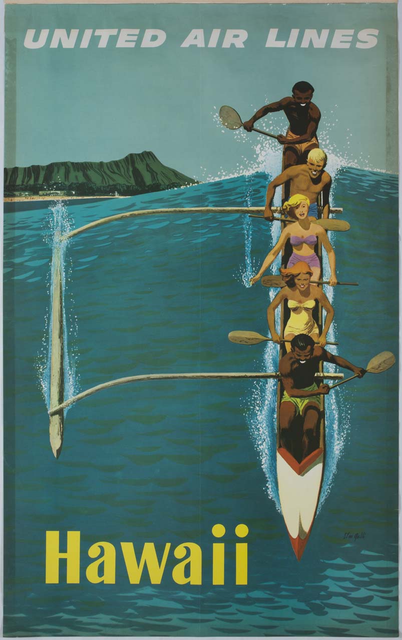 canoa polinesiana con cinque giovani sul mare (manifesto) di Galli Stan - ambito statunitense (sec. XX)
