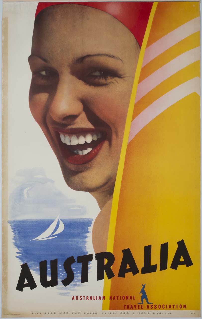ragazza sorridente, tavola da surf e barca a vela sul fondo (manifesto) - ambito australiano (sec. XX)