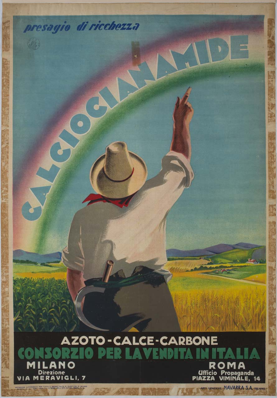 contadino in un campo indica un arcobaleno (manifesto) - ambito italiano (sec. XX)