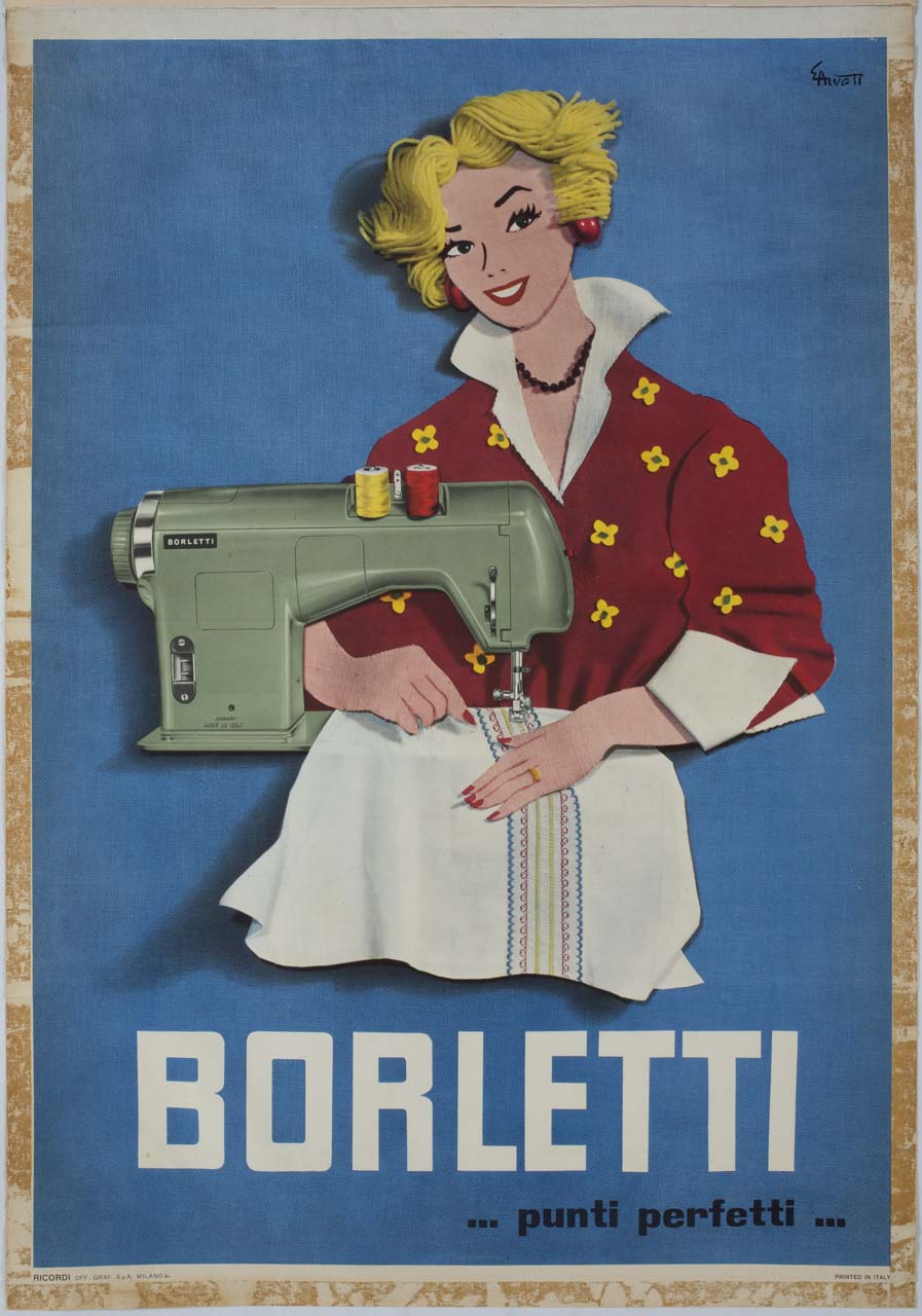 giovane donna cuce a macchina (manifesto) di Arvati Enrico (sec. XX)