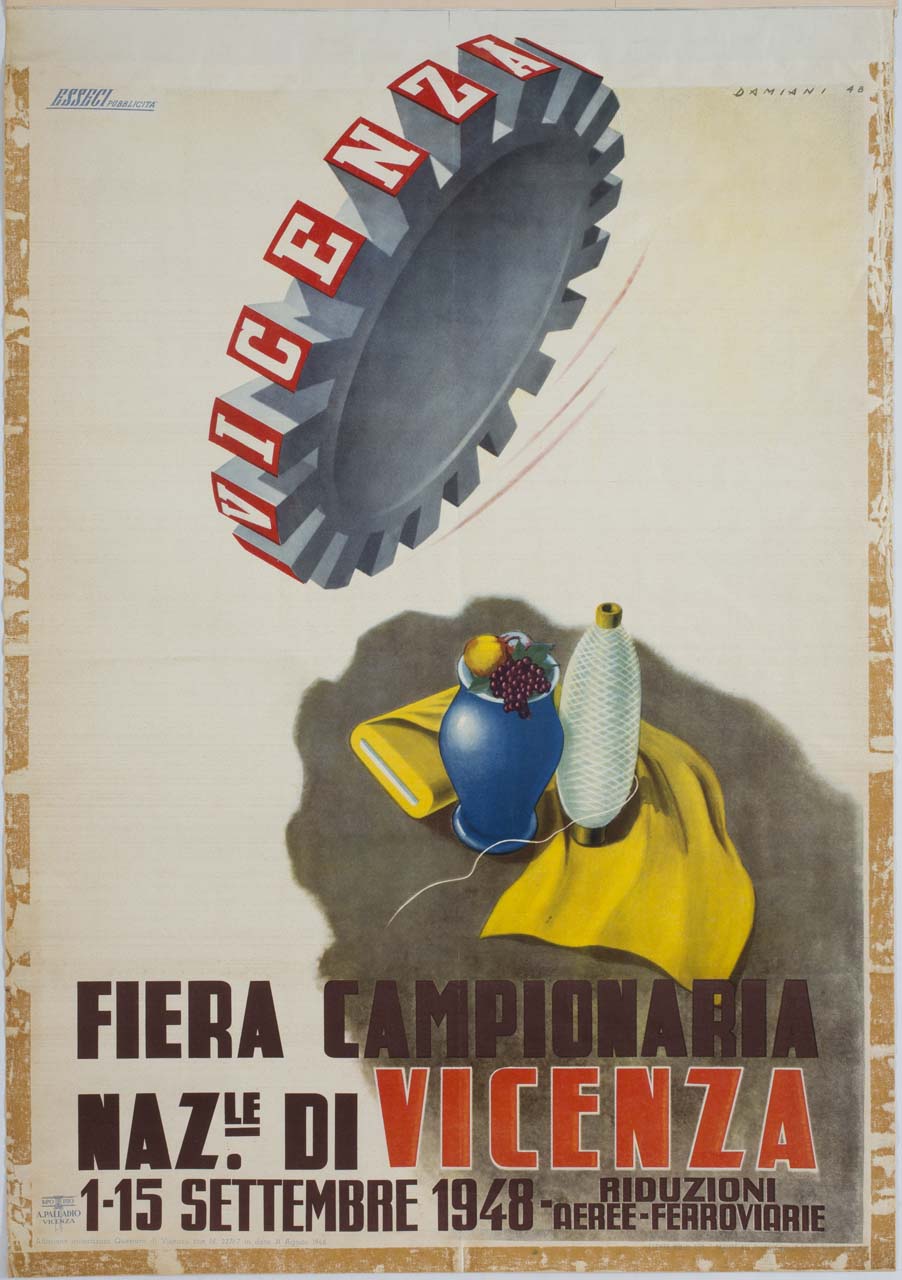 vaso con frutta, pezza di stoffa e bobina di filo all'ombra di una ruota dentata (manifesto) di Damiani Damiano, Esseci Pubblicità (sec. XX)