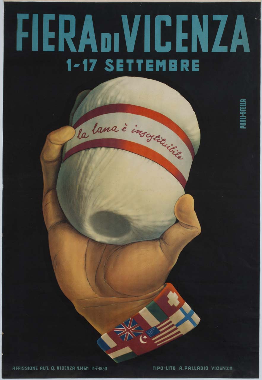 mano maschile sorregge un gomitolo di lana (manifesto) - ambito italiano (sec. XX)