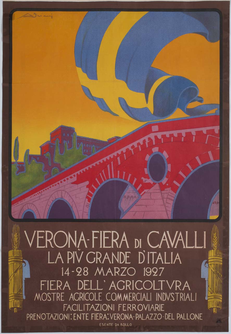 Ponte Pietra a Verona e bandiera della città (manifesto) di Adriani Emidio (sec. XX)