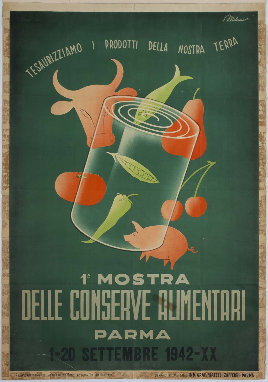 barattolo trasparente con frutta, ortaggi, testa di bovino, pesce e maiale (manifesto) di Milani - ambito italiano (sec. XX)