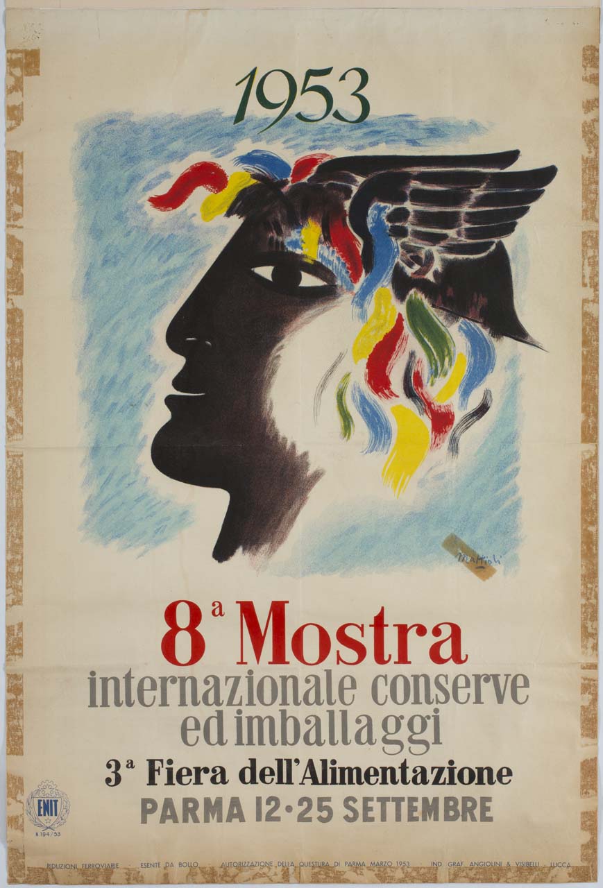testa di Mercurio di profilo (manifesto) di Mattioli Carlo (sec. XX)