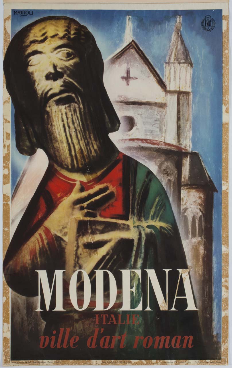 scultura maschile con duomo e torre civica di Modena (manifesto) di Mattioli Carlo (sec. XX)