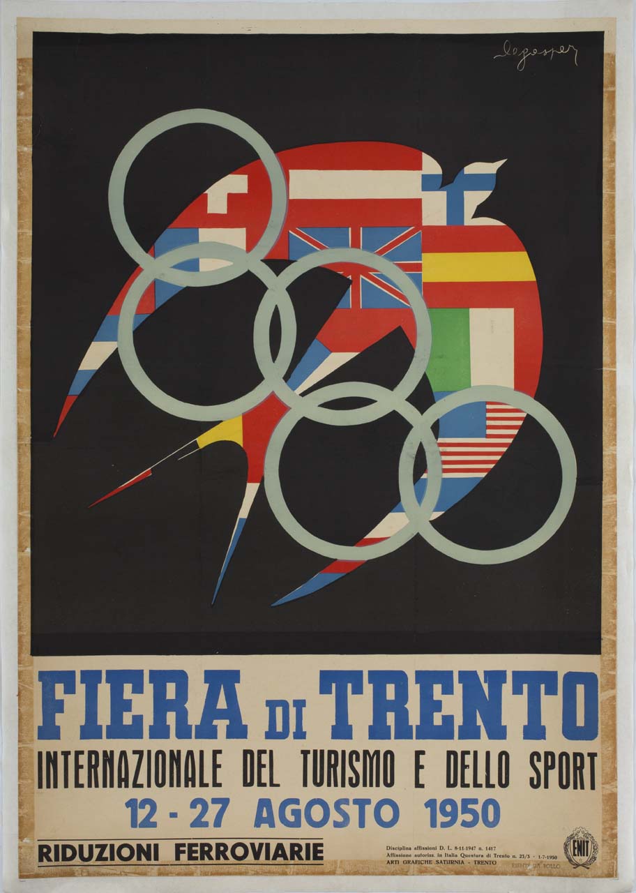 simbolo delle olimpiadi con rondine costituita da bandiere mondiali (manifesto) di Degasperi Mario (sec. XX)