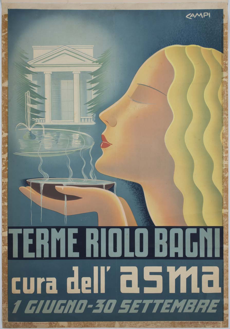 volto femminile di profilo mentre respira i vapori dell'acqua termale di Riolo (manifesto) di Campi Serafino (sec. XX)