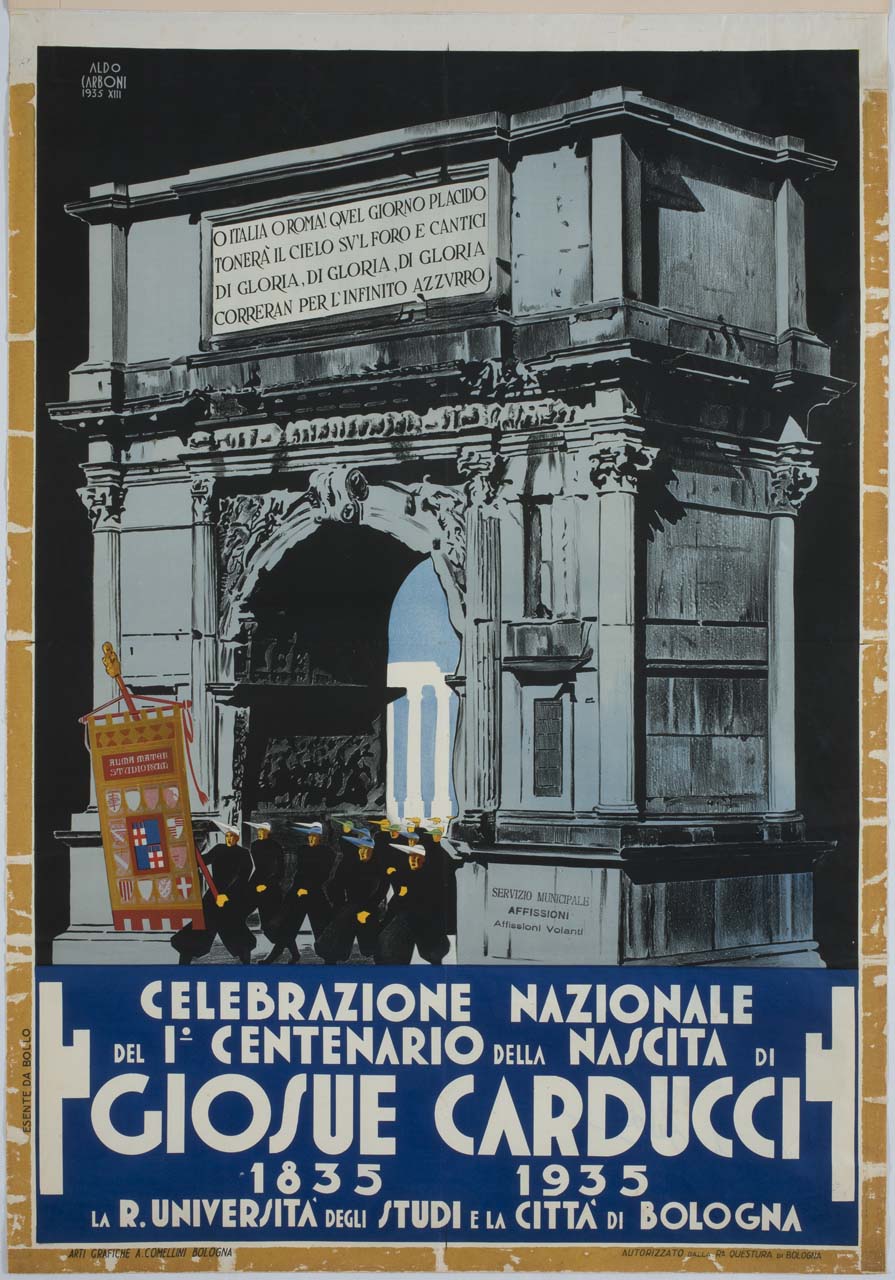 arco di Tito a Roma e corteo di studenti con stendardo (manifesto) di Carboni Aldo (sec. XX)