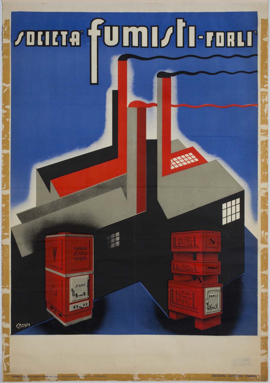 stufe e fabbrica con ciminiere sullo sfondo (manifesto) di Campi Serafino (sec. XX)