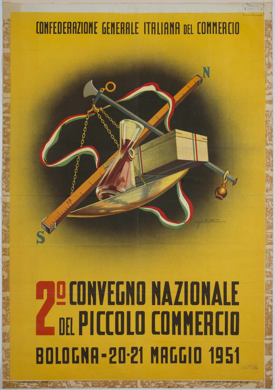 sul piatto di una bilancia a stadera sono collocati un righello indicante nord e sud, una scatola e una brocca (manifesto) di Pallotti Gino (sec. XX)