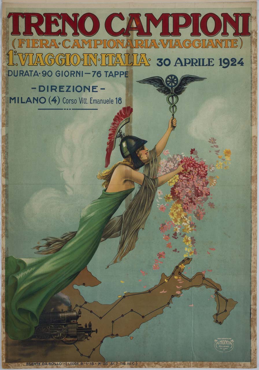 figura femminile sospesa regge dei fiori e il simbolo delle Ferrovie (manifesto) - ambito italiano (sec. XX)