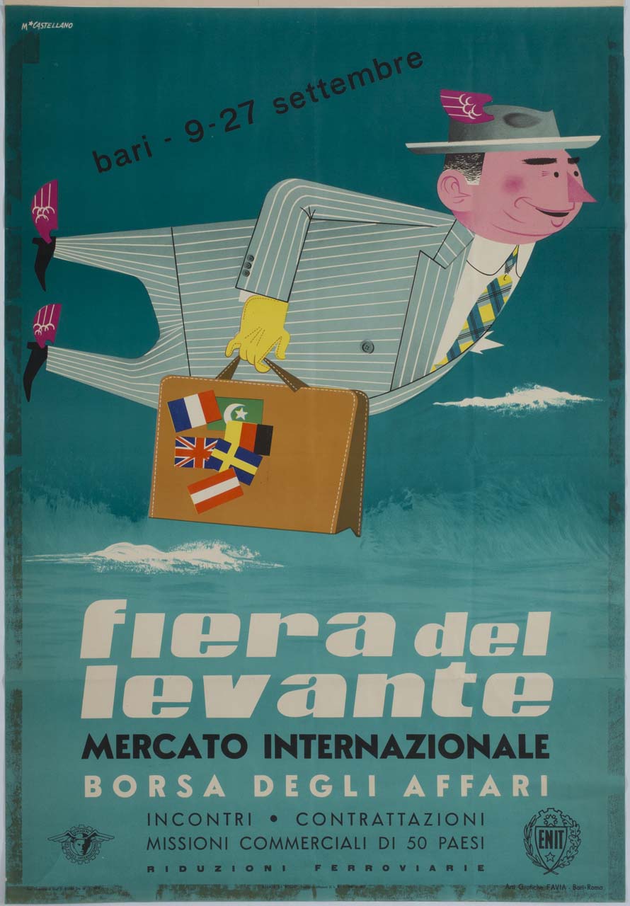 figura maschile in volo con borsa e cappello (manifesto) di Castellano Mimmo (sec. XX)