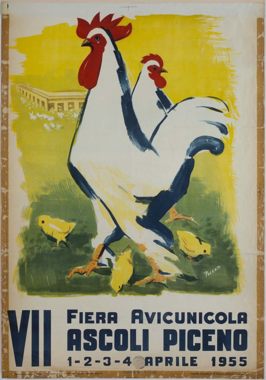 gallo e gallina con pulcini (manifesto) di Polenti Umberto (sec. XX)