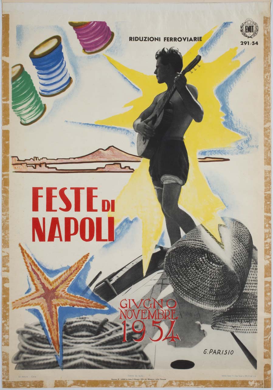 suonatore di chitarra con Golfo di Napoli sullo sfondo (manifesto) di Parisio Giulio (sec. XX)