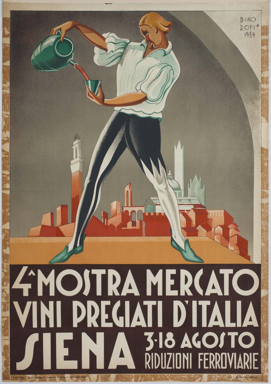 figura maschile versa del vino da una brocca sullo sfondo della veduta di Siena (manifesto) di Rofi Dino (sec. XX)