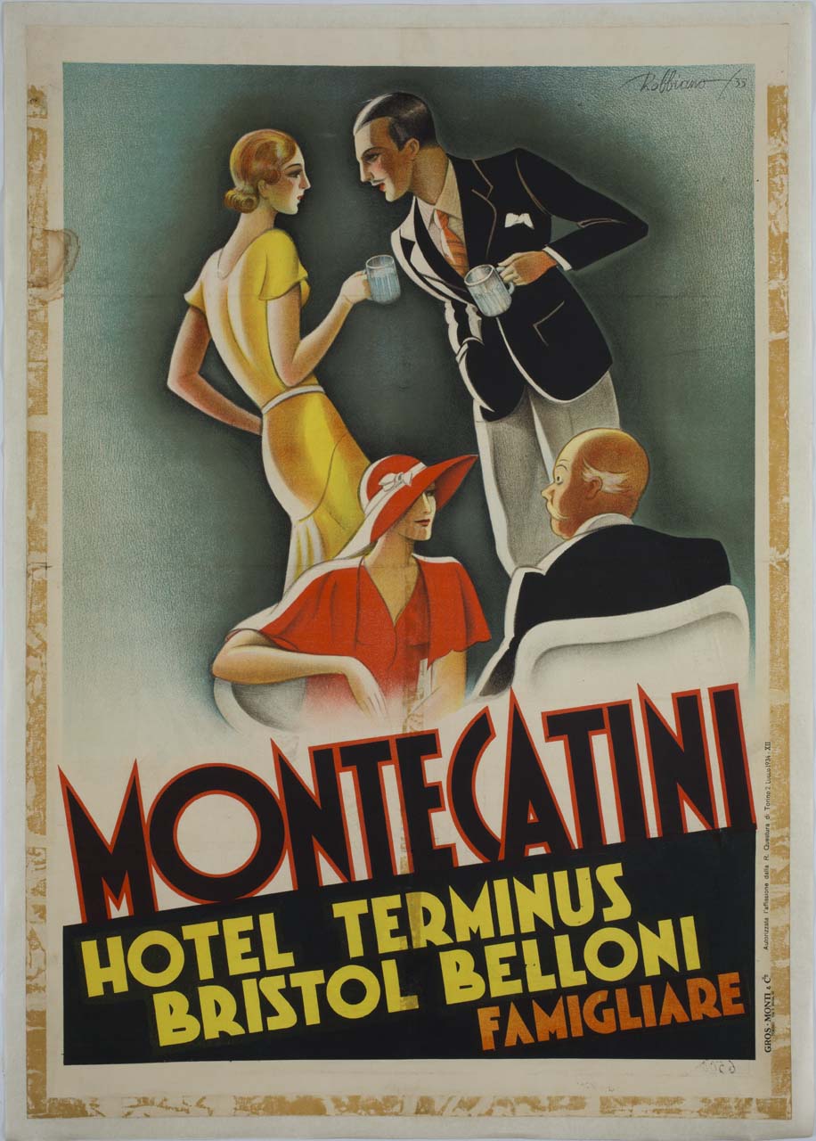 coppie eleganti conversano in piedi e sedute (manifesto) di Robbiano - ambito italiano (sec. XX)