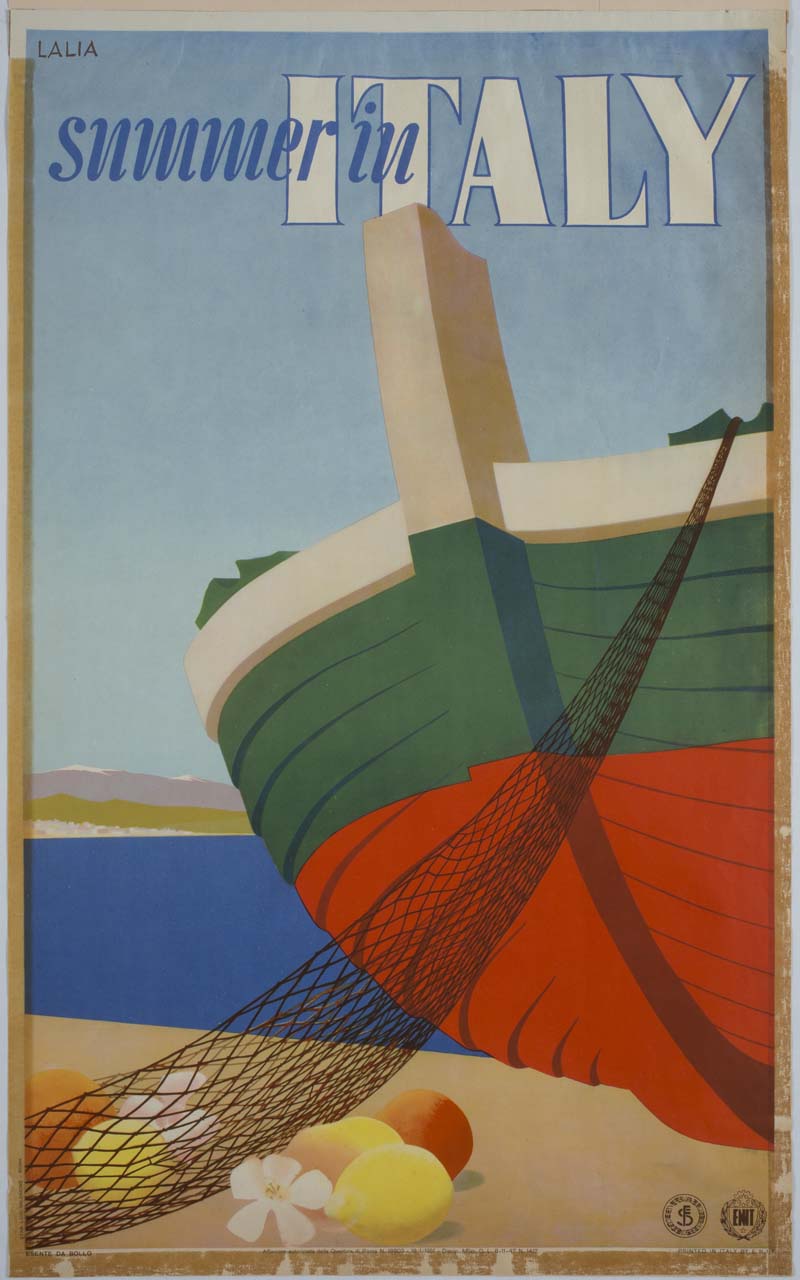 barca sulla riva del mare (manifesto) di Lalia Alfredo (sec. XX)