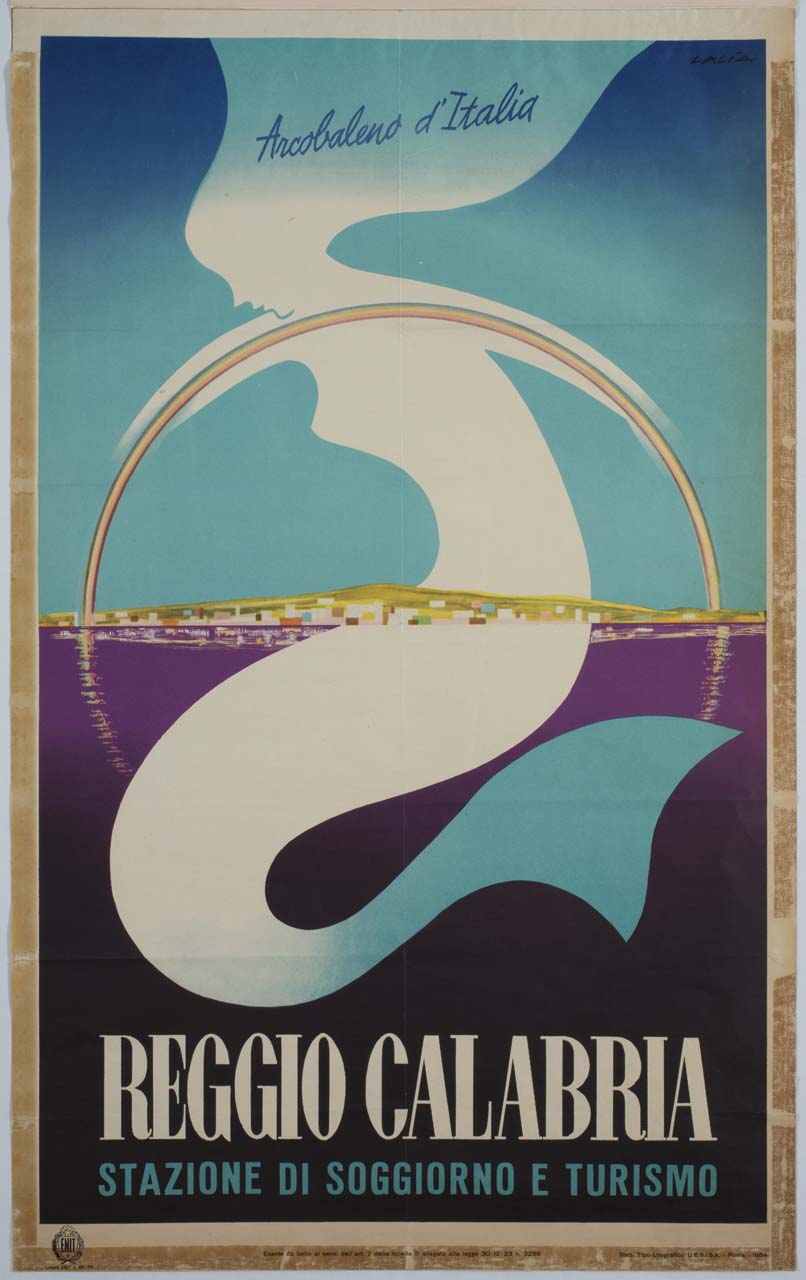 sirena abbraccia un arcobaleno, sullo sfondo paesaggio marino (manifesto) di Lalia Alfredo (sec. XX)