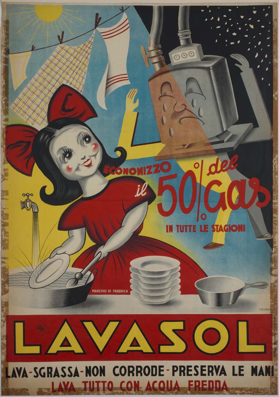 figura femminile sorride mentre lava i piatti e osserva la caldaia che piange (manifesto) di Pedron - ambito italiano (sec. XX)