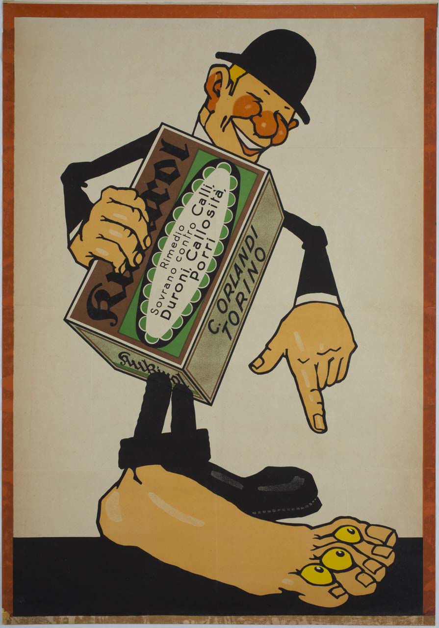 caricatura maschile con bombetta e corpo a scatoletta indica i calli del piede (manifesto) - ambito italiano (secondo quarto sec. XX)