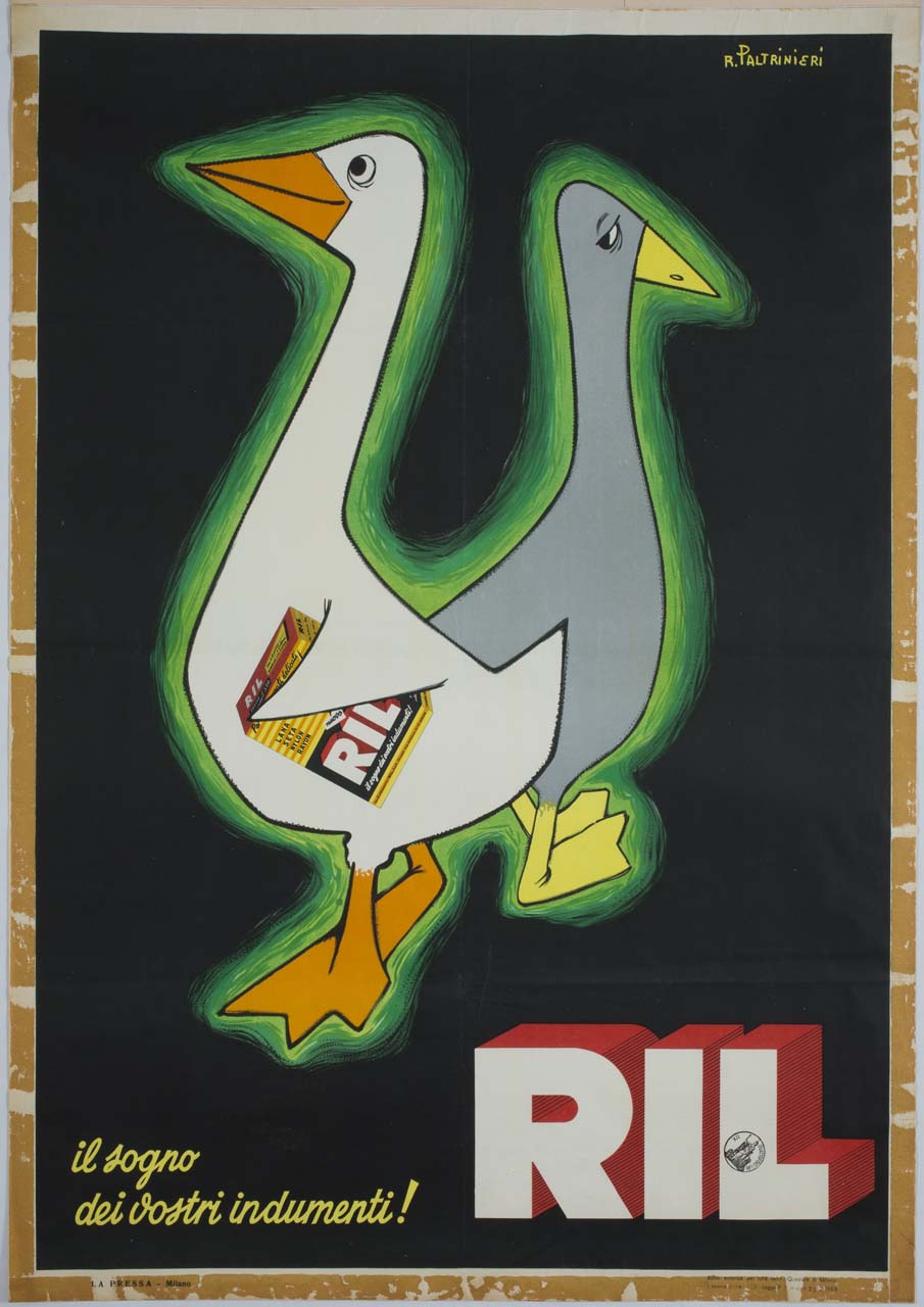 oca bianca contenta con scatola di detersivo sotto l'ala e oca grigia triste (manifesto) di Paltrinieri R (sec. XX)