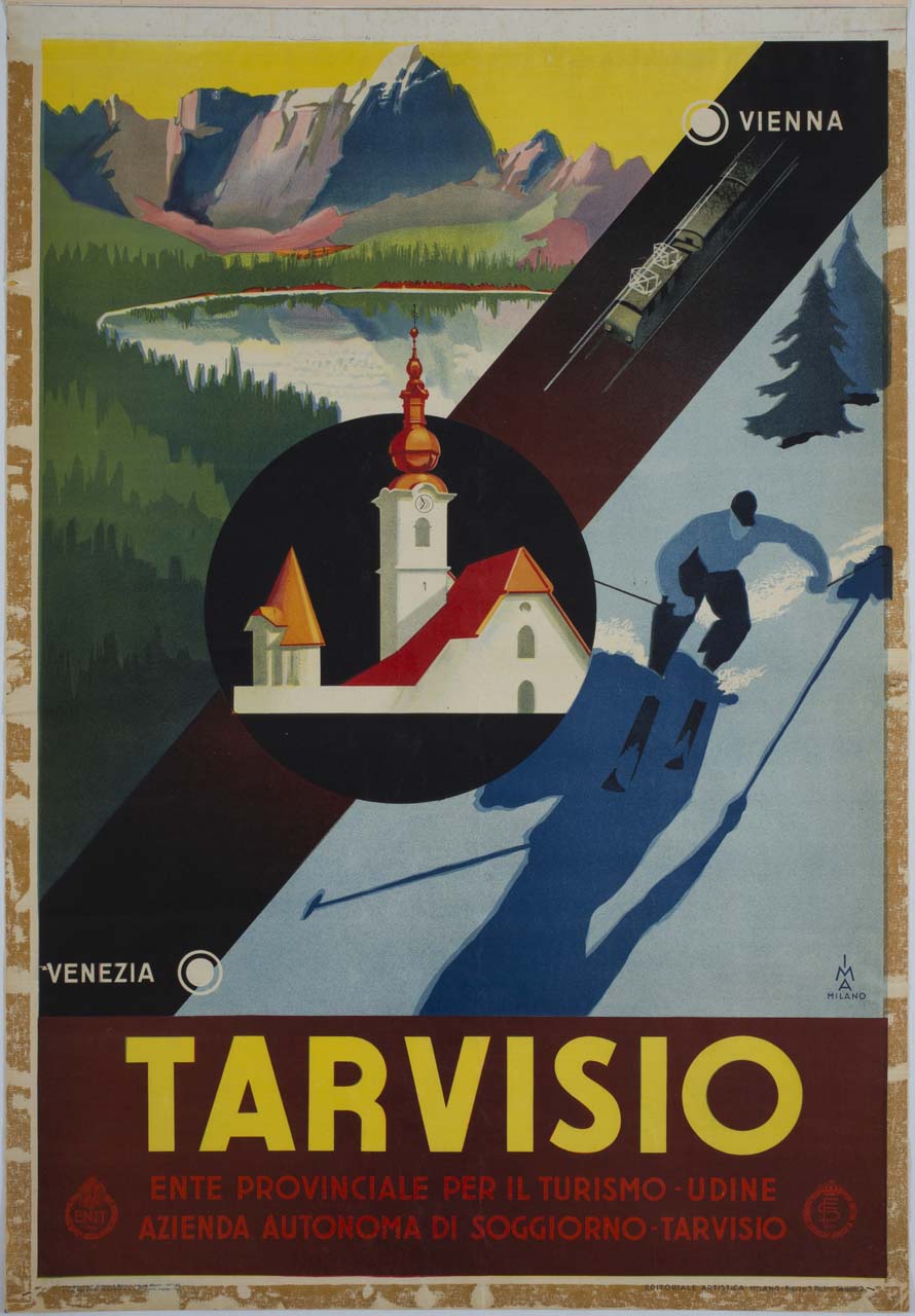 Chiesa dei Santi Pietro e Paolo di Tarvisio sullo sfondo dei laghi di Fusine e sciatore (manifesto) di IMA - Idea Metodo Arte (sec. XX)