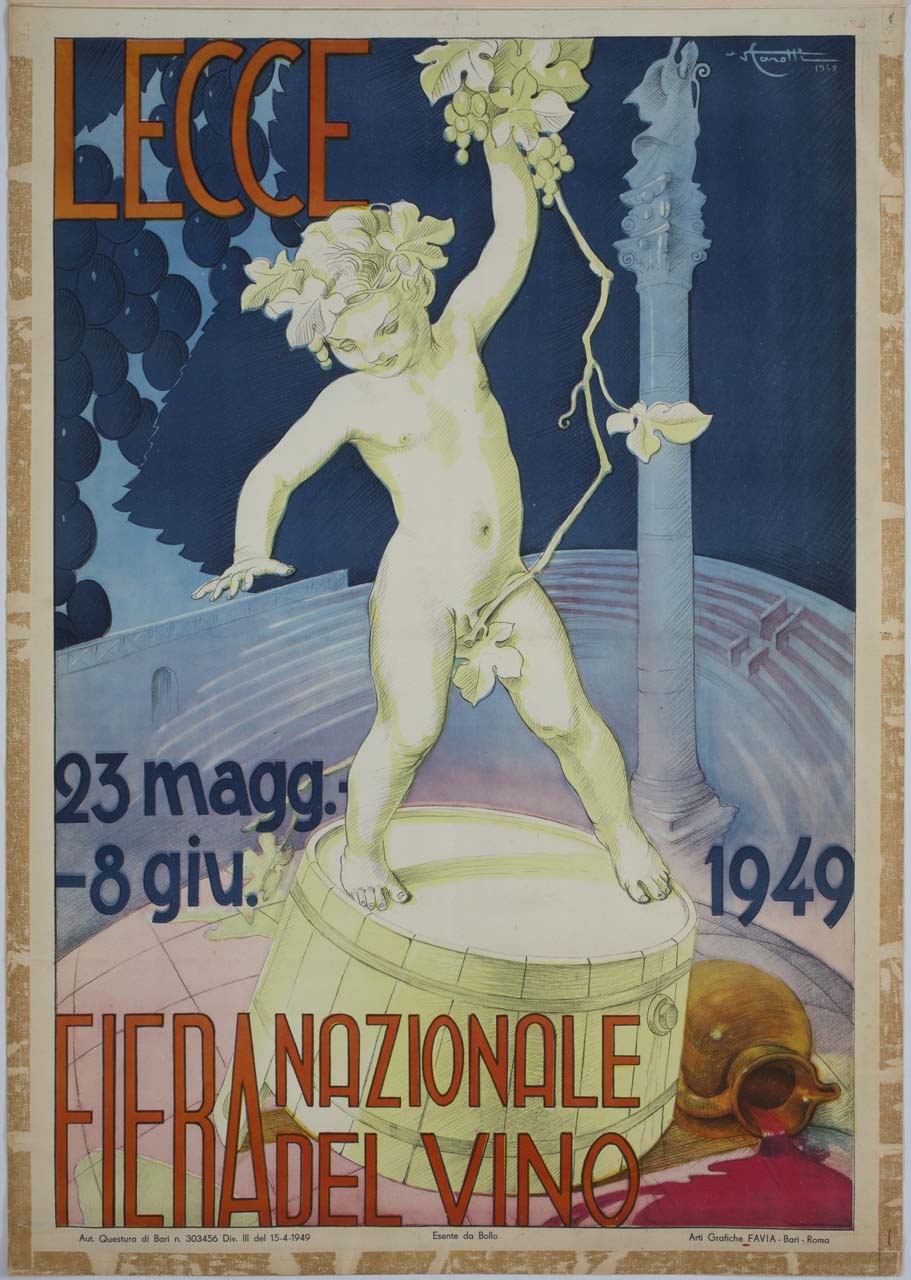 Bacco bambino su un tino rovesciato con la colonna di Sant'Oronzo e l'anfiteatro romano di Lecce sullo sfondo (manifesto) di Carotti Virgilio (sec. XX)
