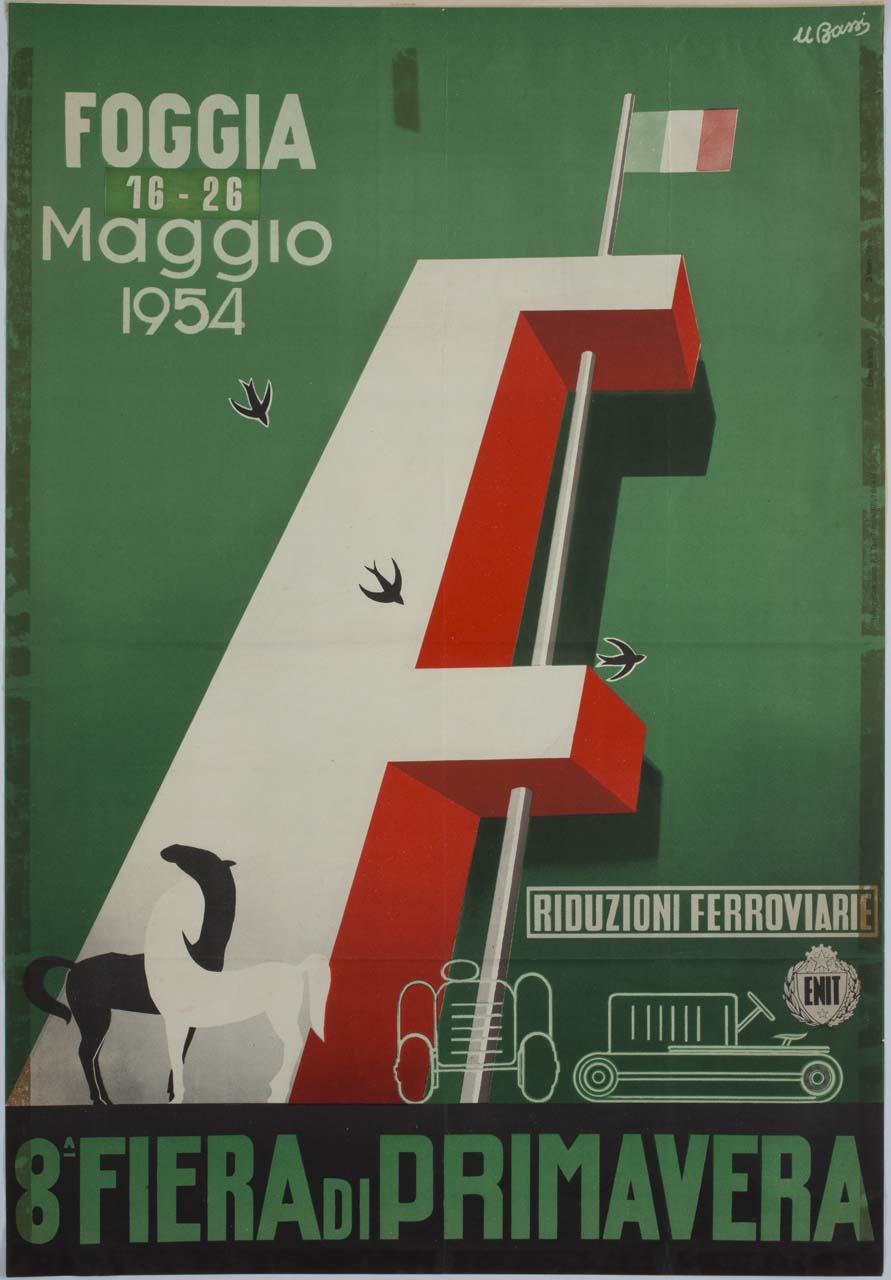 lettera F attraversata da un'asta con la bandiera italiana (manifesto) di Bassi U (sec. XX)