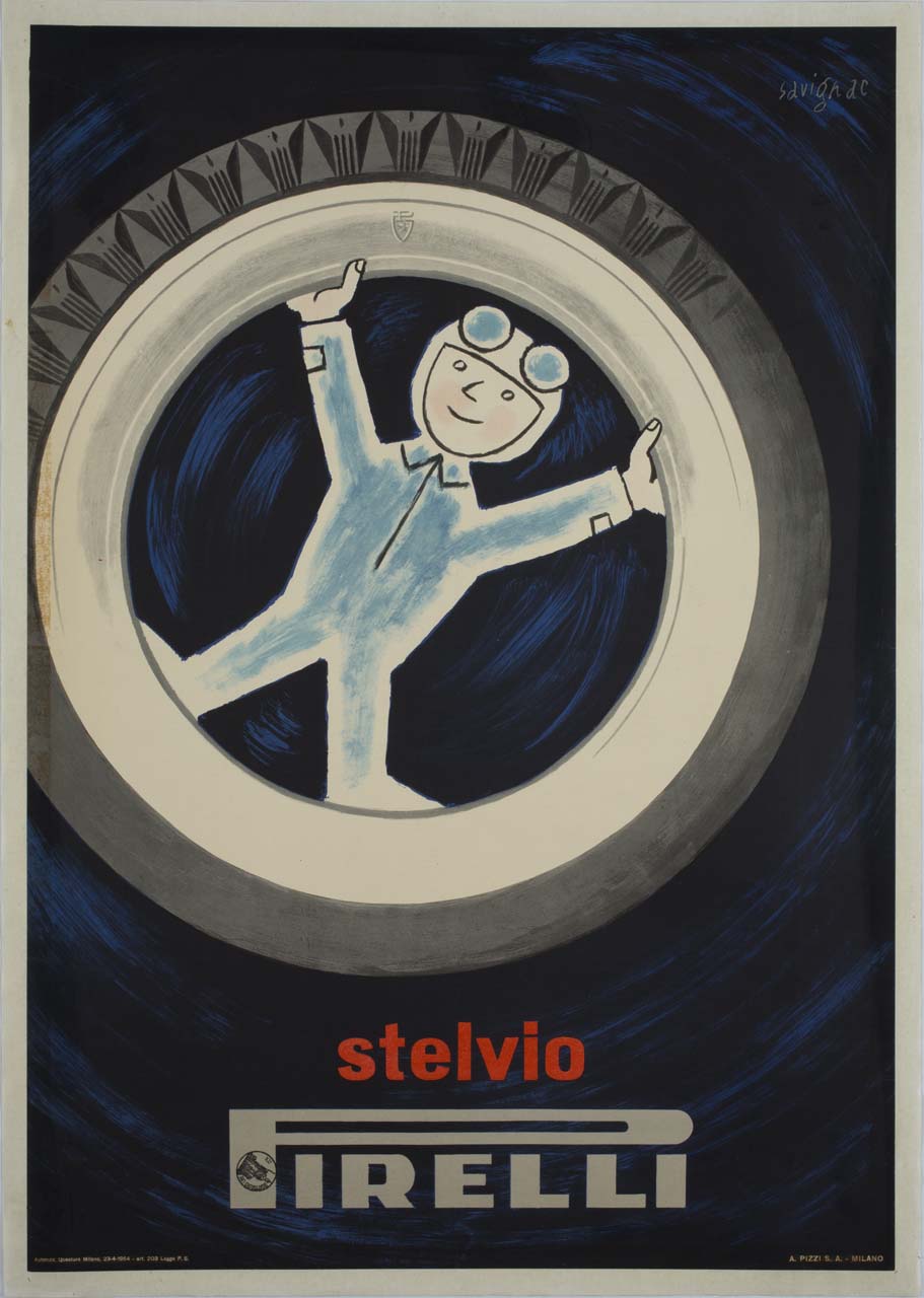 omino entro un pneumatico per automobili (manifesto) di Savignac Raymond (sec. XX)