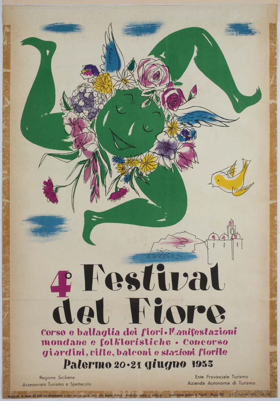 trinacria fiorita tra le nubi sullo sfondo di un paesaggio marino (manifesto) - ambito italiano (sec. XX)