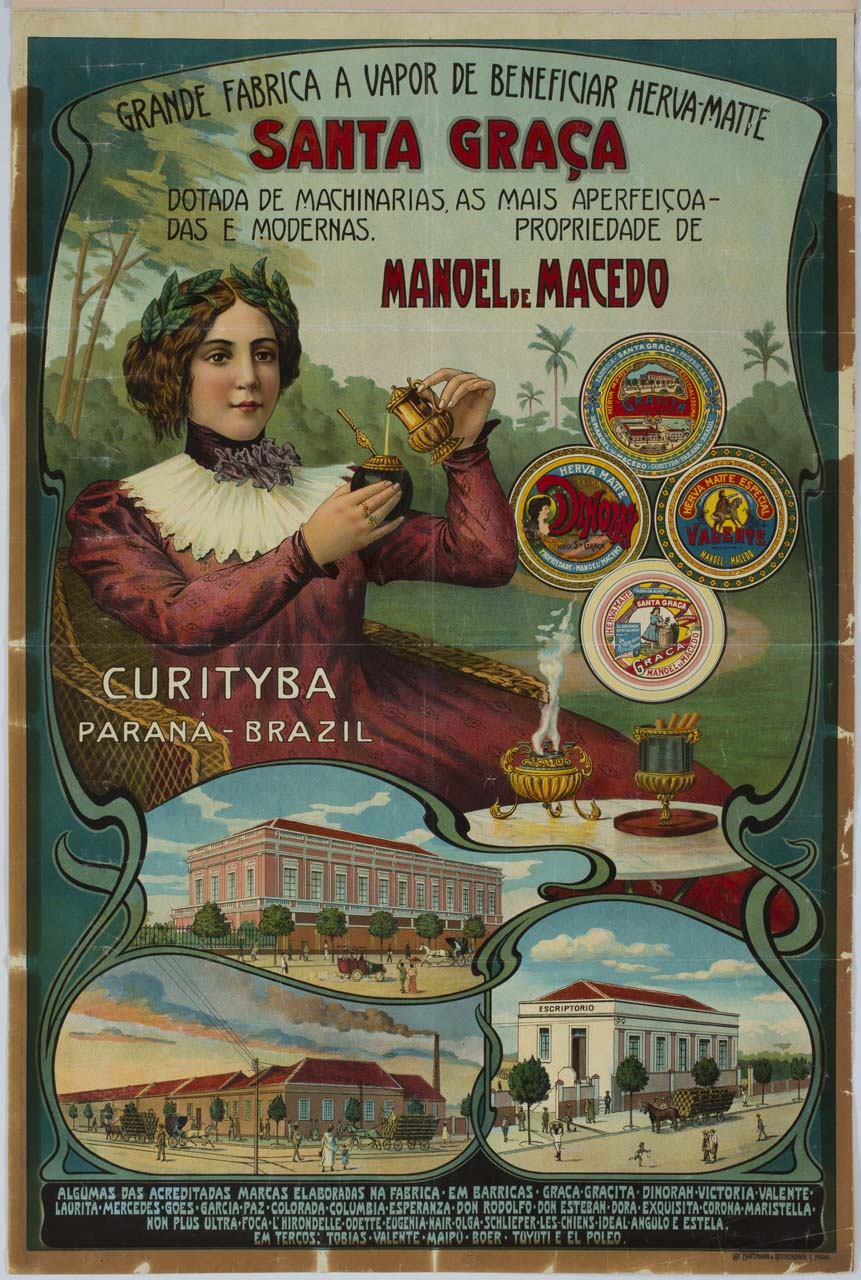 donna coronata di erba mate prepara l'infuso, marchi e insediamenti produttivi (manifesto) - ambito America meridionale (inizio sec. XX)