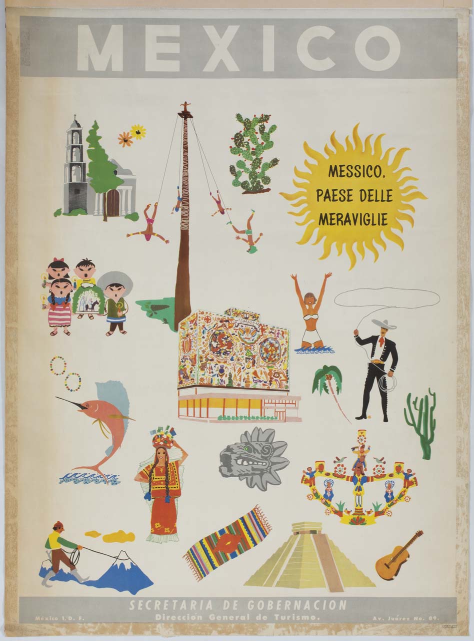 figure maschili e femminili e oggetti-simbolo della cultura messicana (manifesto) - ambito America centrale (sec. XX)
