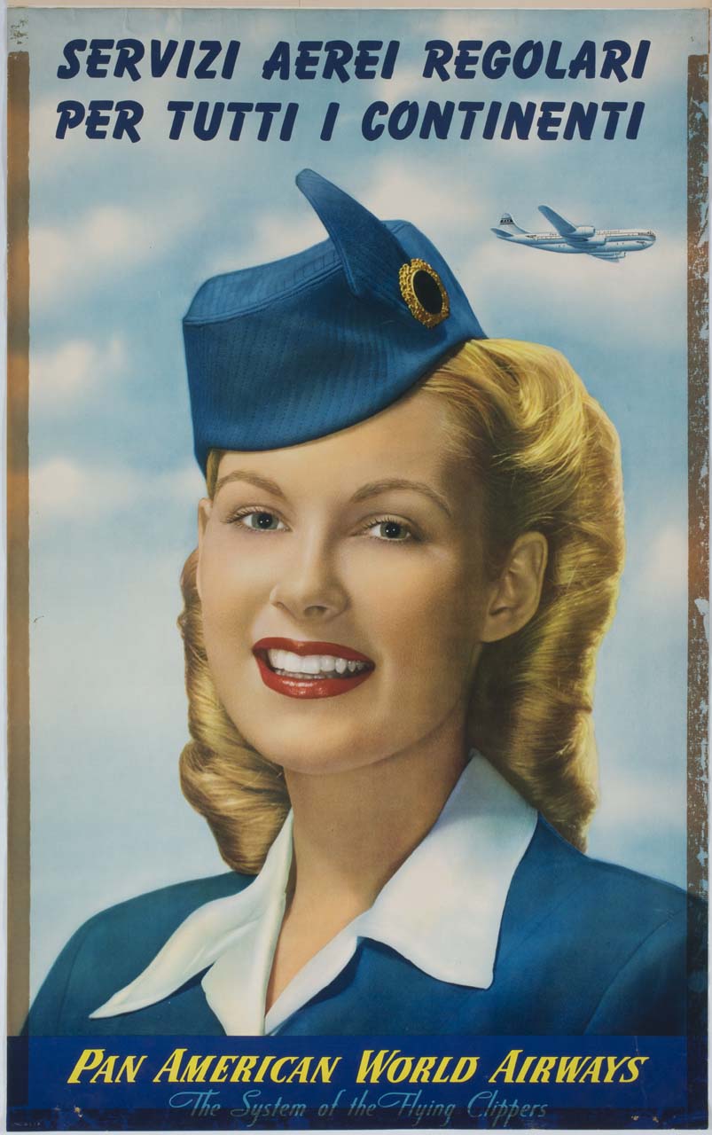assistente di volo sorridente con aeroplano tra le nubi sullo sfondo (manifesto) - ambito statunitense (sec. XX)