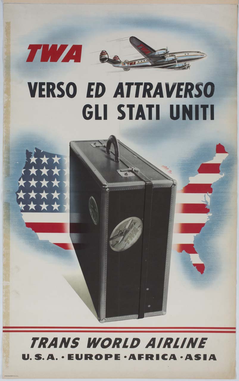 valigia sullo sfondo della carta degli Stati Uniti a stelle e strisce e aeroplano in volo (manifesto) - ambito statunitense (sec. XX)