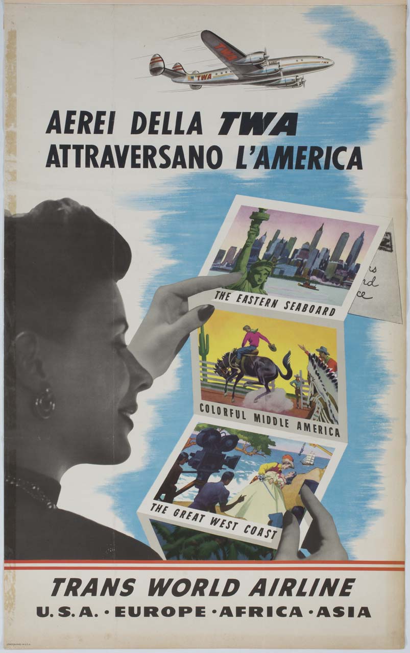 donna sfoglia un pieghevole a carattere turistico con aereo in volo sullo sfondo (manifesto) - ambito statunitense (sec. XX)