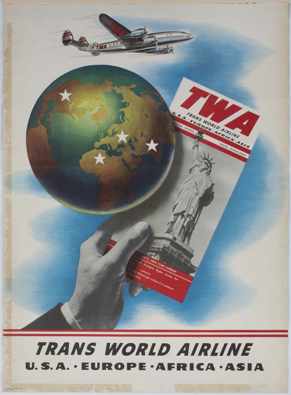 globo terrestre sorvolato da aeroplano e mano sorreggente orario TWA (manifesto) - ambito statunitense (sec. XX)