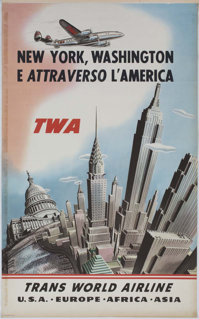 aeroplano sorvola la crosta terrestre con gli edifici simbolo di New York e Washington (manifesto) - ambito statunitense (sec. XX)