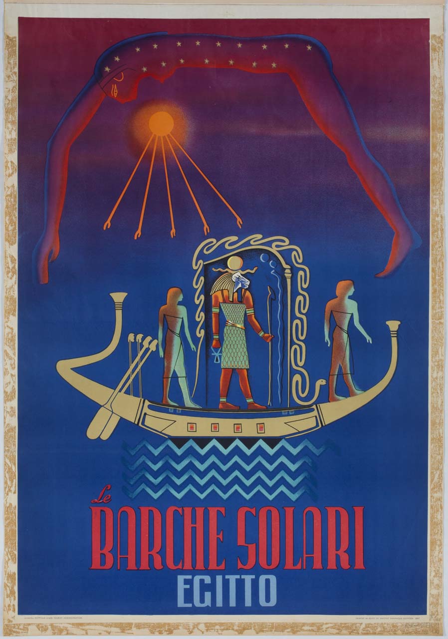 dio sole attraversa sulla sua barca il cielo diurno protetto dal serpente Mehen (manifesto) - ambito egizio (sec. XX)