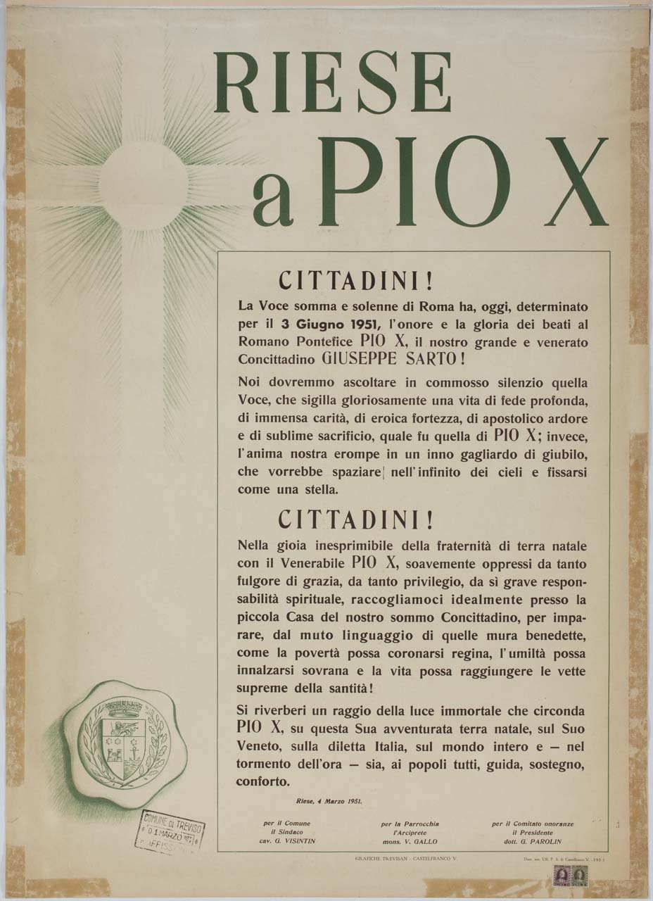 croce raggiata e stemma del comune di Riese (manifesto) - ambito italiano (sec. XX)