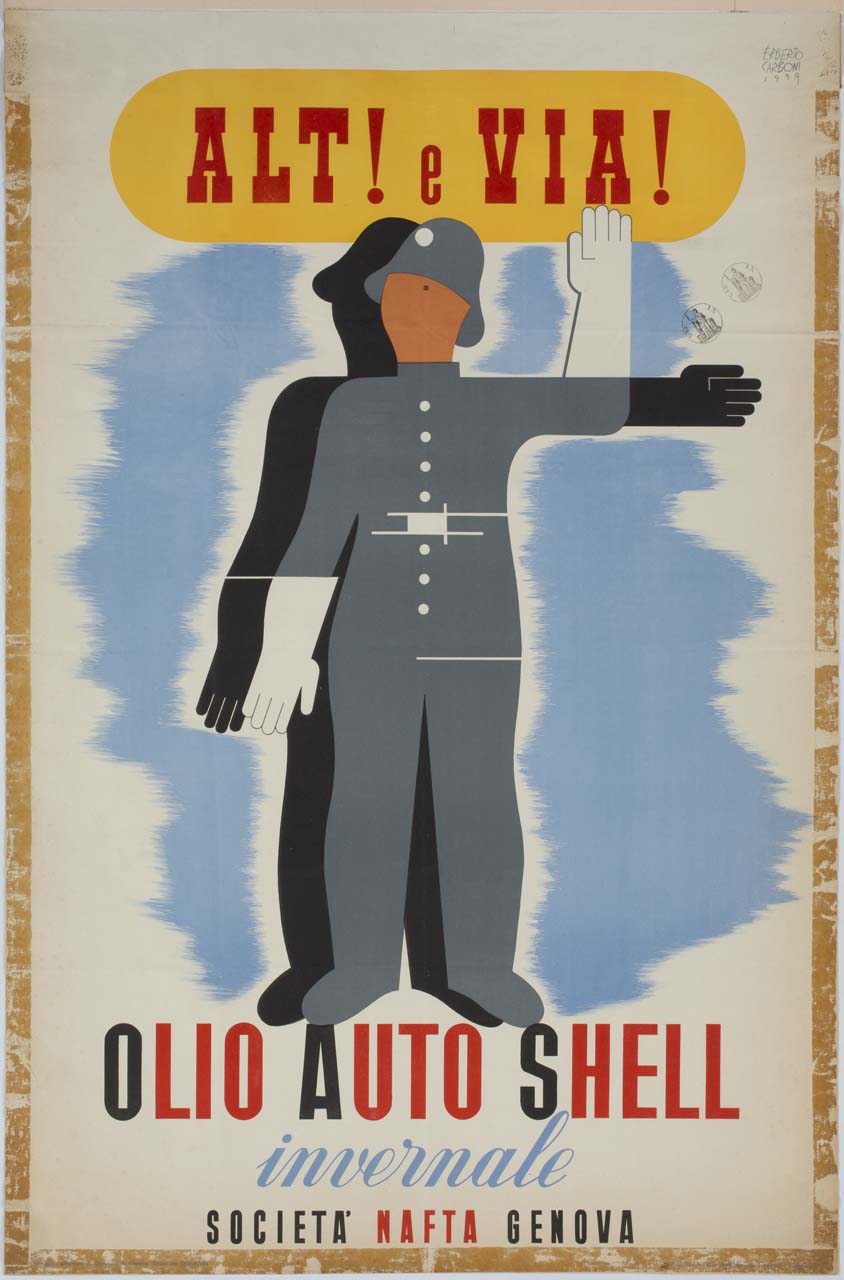 vigile urbano con il braccio nel gesto dell'alt e del via (manifesto) di Carboni Erberto detto Lince (sec. XX)