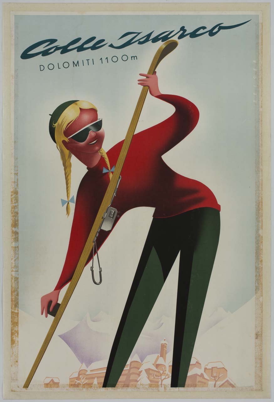 donna sorridente prepara lo sci sullo sfondo di un borgo alpino (manifesto) di Zelger Arthur (sec. XX)